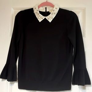 Kate Spade New York black wool sweater with 3/4 bell sleeves & beaded collar.